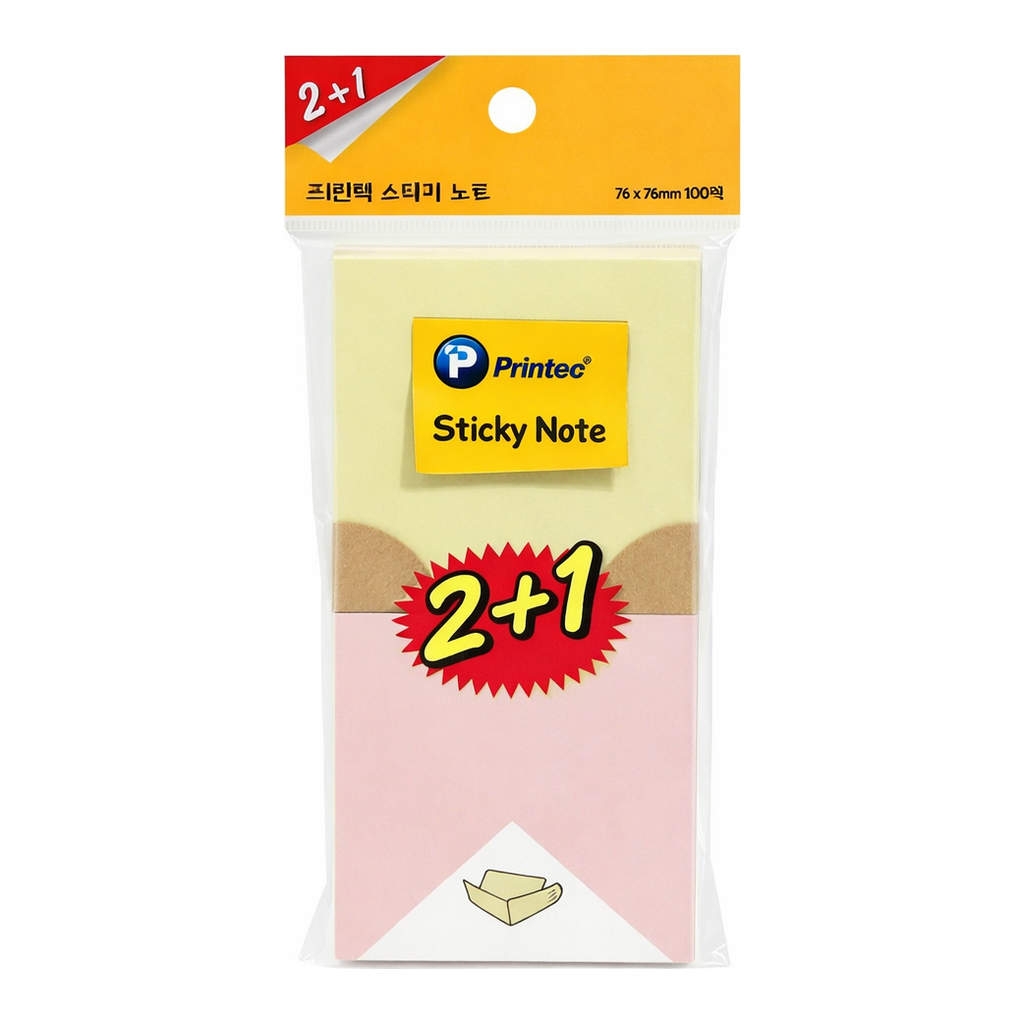OFFICENEX 프린텍 7676M3 파스텔 점착메모지 노랑*핑크*파랑 2+1 76*76 100매