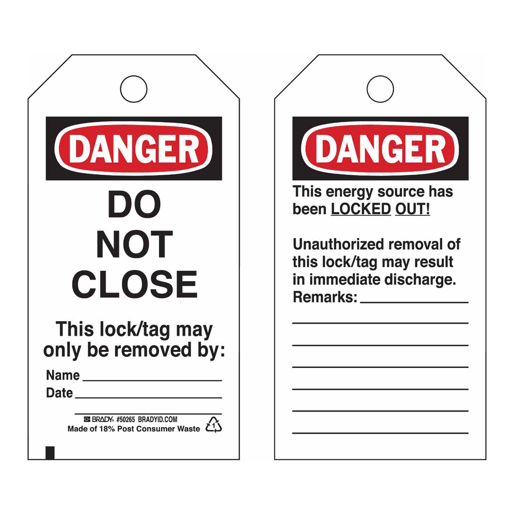 Brady DANGER Do Not Close Energy Source Lockout Tagout Tags