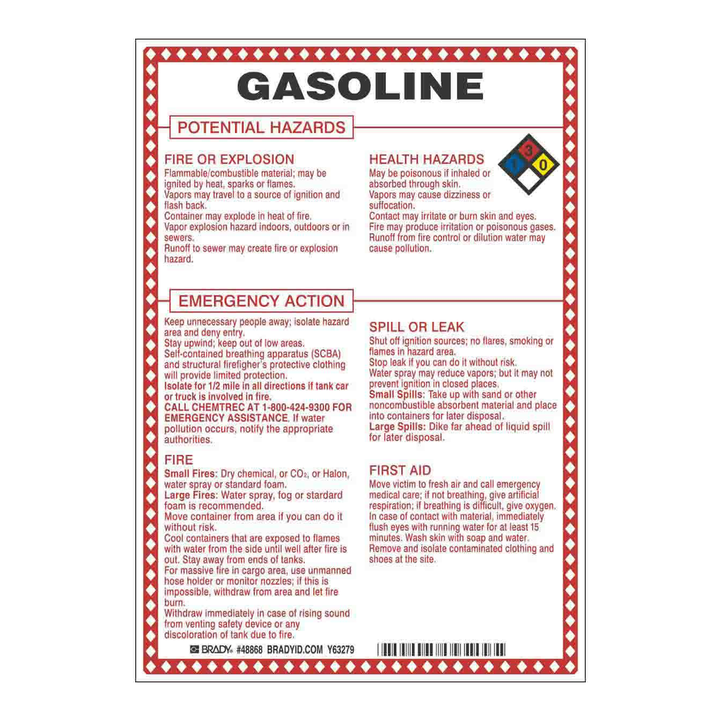 Brady Gasoline Potential Hazards Sign