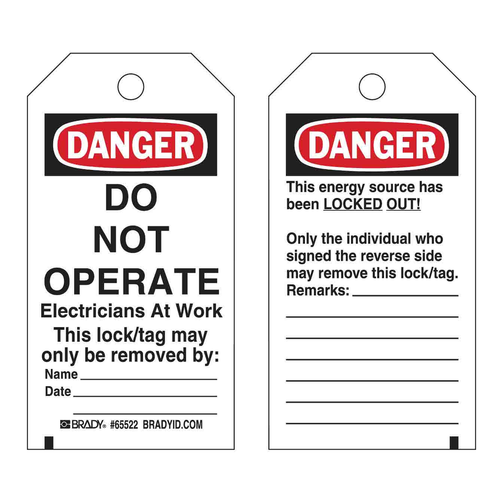 Brady DANGER Do Not Operate Electricians At Work Lockout Tagout Tags