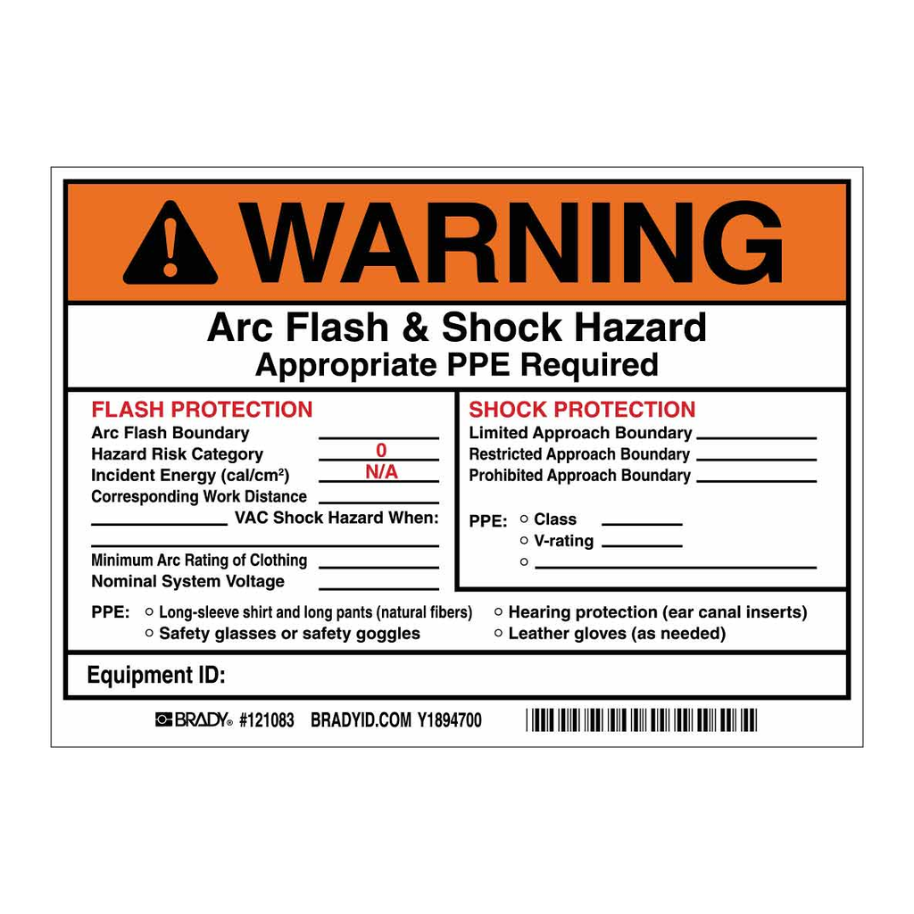 Brady WARNING Flash Protection Arc Flash Boundary Arc Flash PPE Category 0 Labels