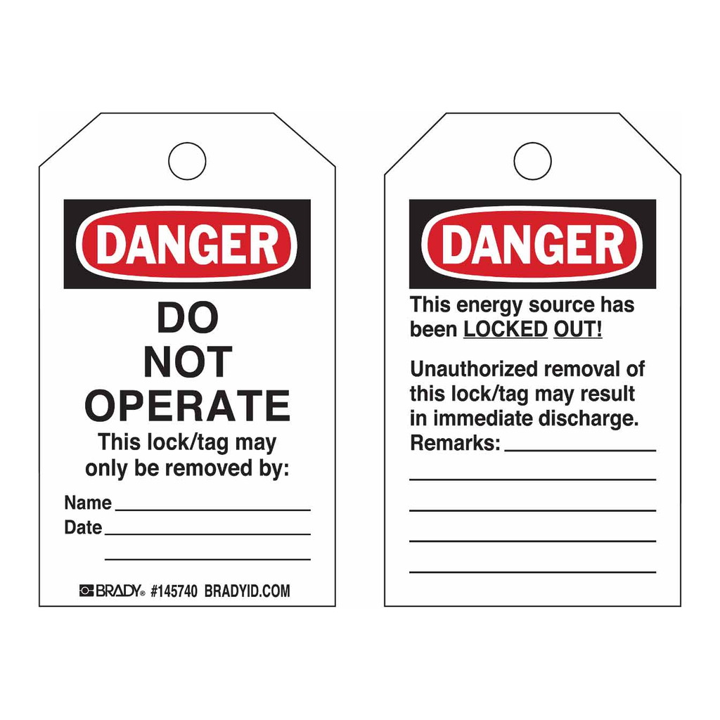 Brady ToughWash DANGER Do Not Operate Lockout Tagout Tags