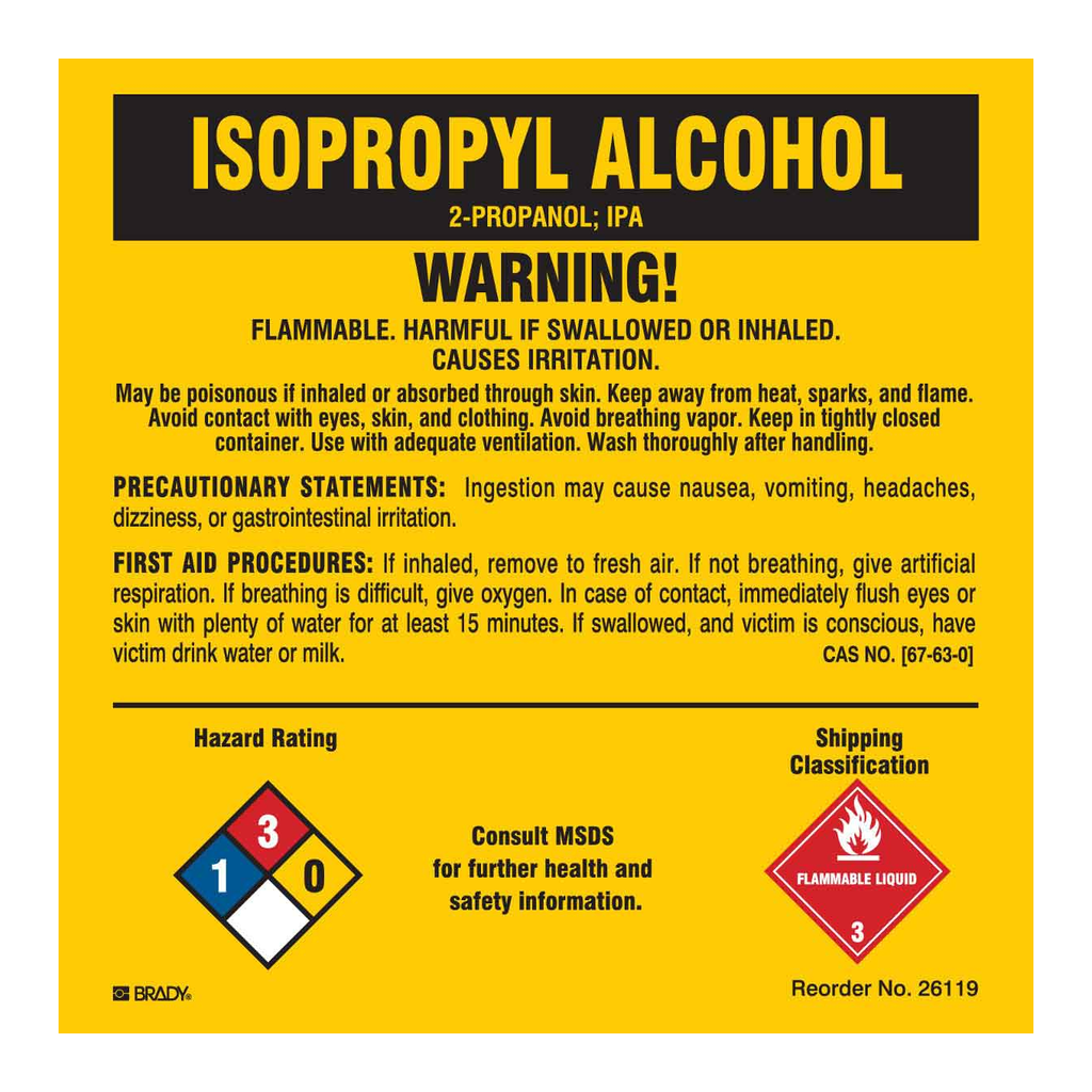 Brady Isopropyl Alcohol Hazard Rating and Shipping Classification Labels