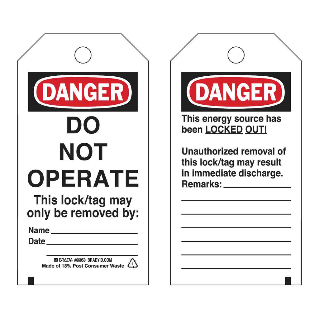 Brady DANGER Do Not Operate Energy Source Lockout Tagout Tags