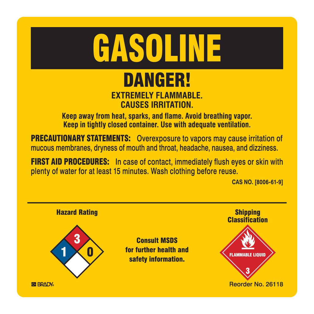 Brady Gasoline Hazard Rating and Shipping Classification Labels