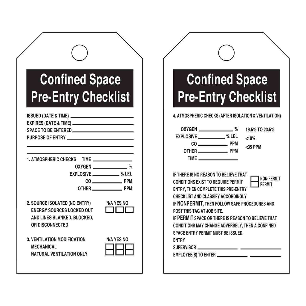Brady Confined Space Tags: Confined Space Pre-Entry Checklist