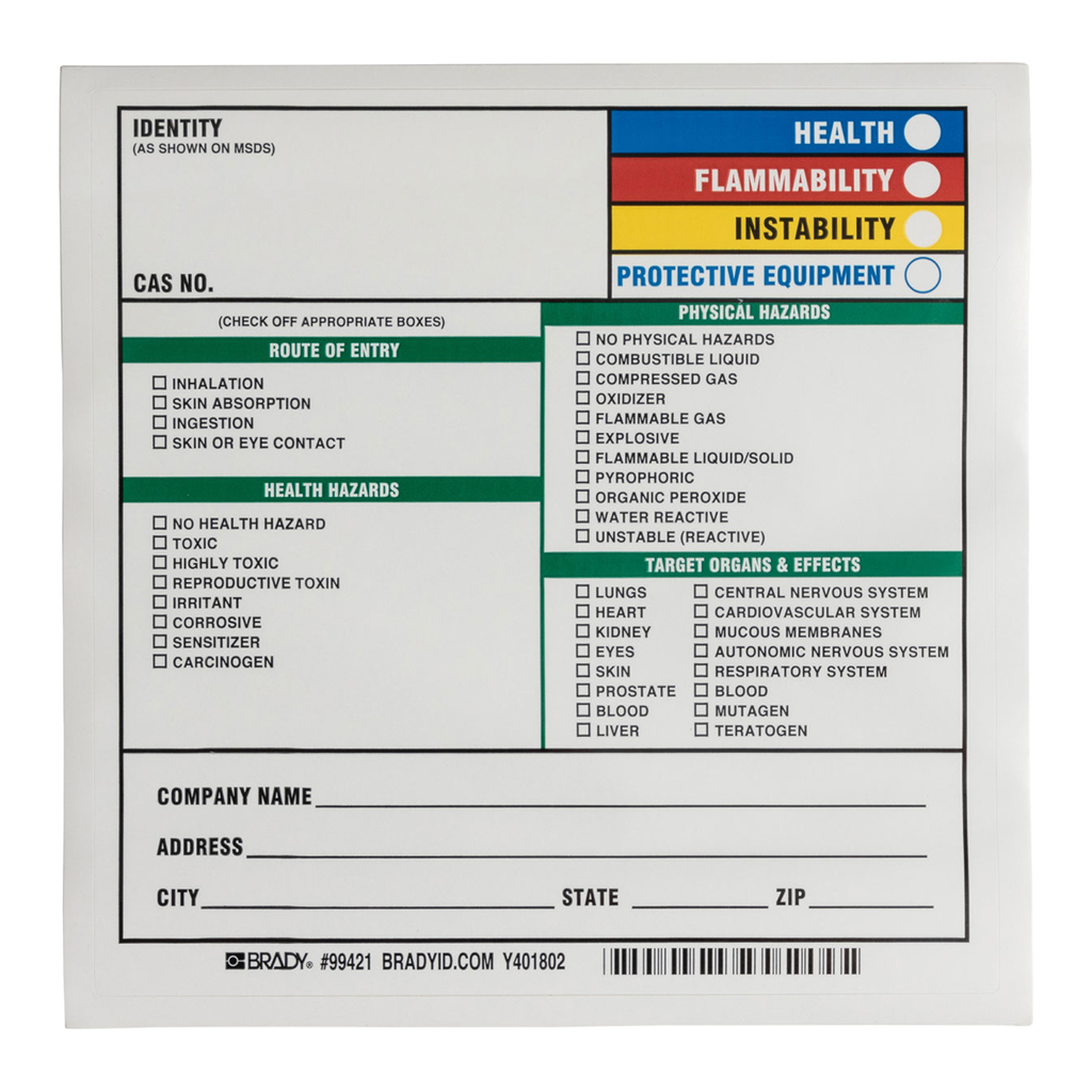Brady Chemical Hazard Check and HMIG with Company Information Labels