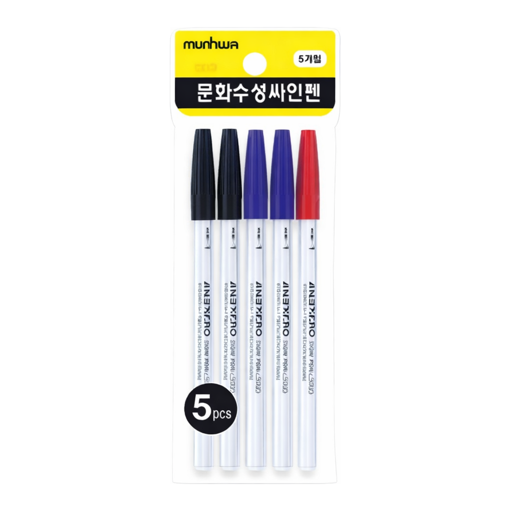 OFFICENEX 문화 수성사인펜 5개입(혼합/0.5mm흑색3/청색1/적색1)