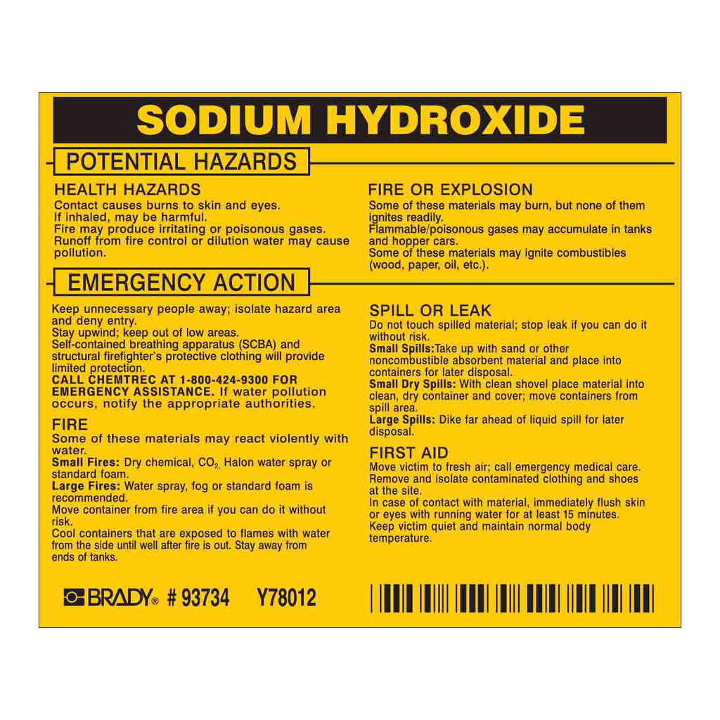 Brady SODIUM HYDROXIDE Labels