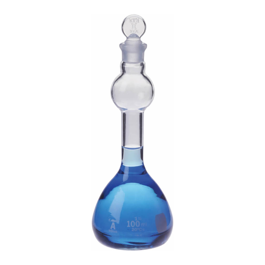 Thermo Fisher Scientific Kimble KIMAX Class A Mixing Bulb-Style Volumetric Flask with Standard Taper Stopper