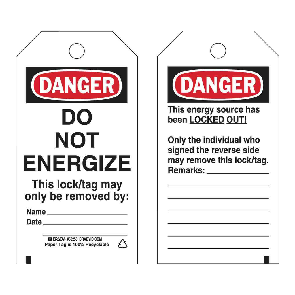Brady DANGER Do Not Energize Energy Source Lockout Tagout Tags