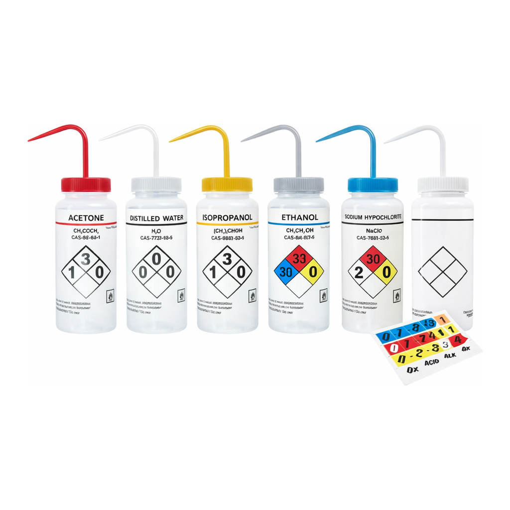 Heathrow Scientific Wash Bottles Safety Labeled Self-Venting