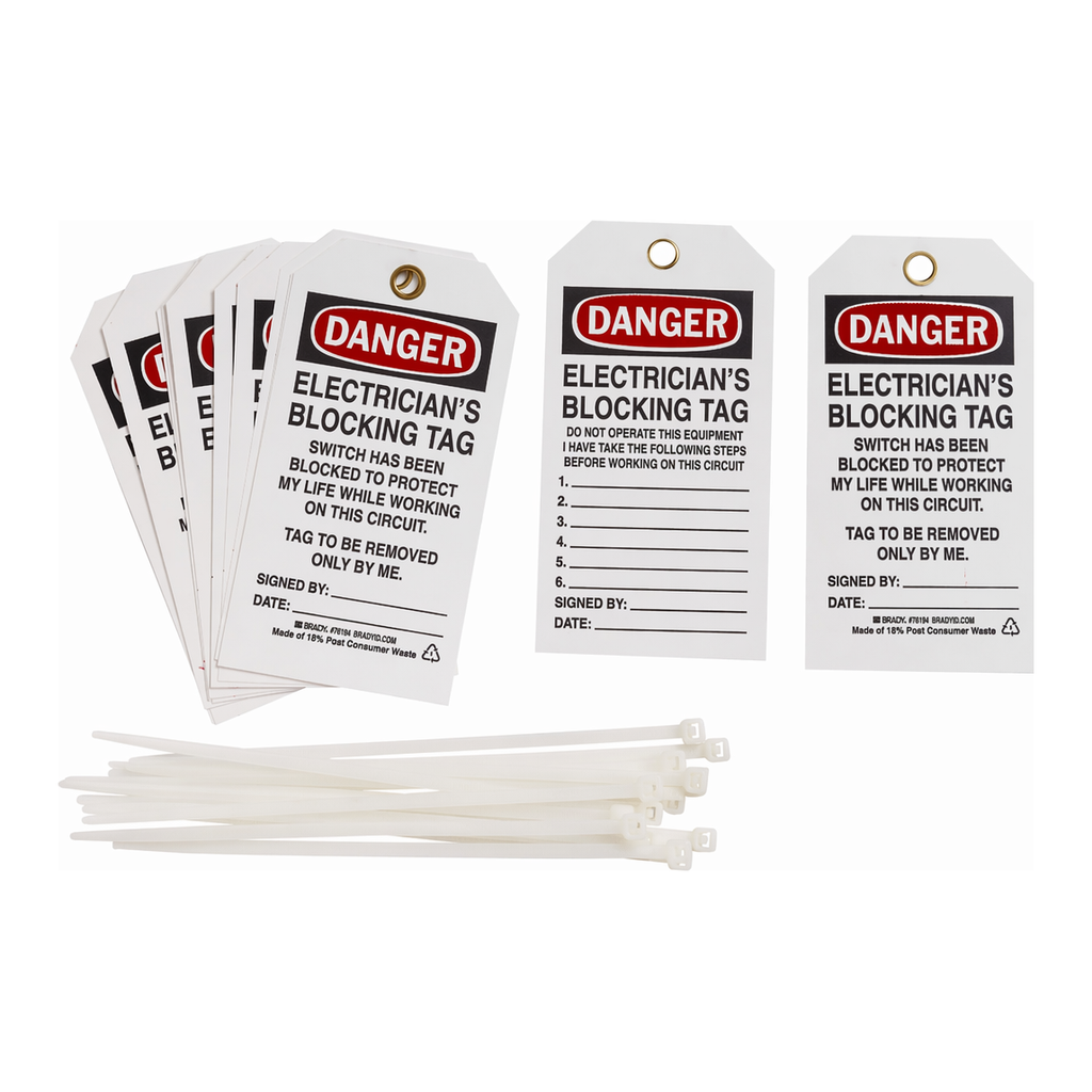 Brady Lockout Tags: DANGER: ELECTRICIAN'S BLOCKING TAG SWITCH HAS BEEN BLOCKED TO PROTECT MY LIFE WHILE…