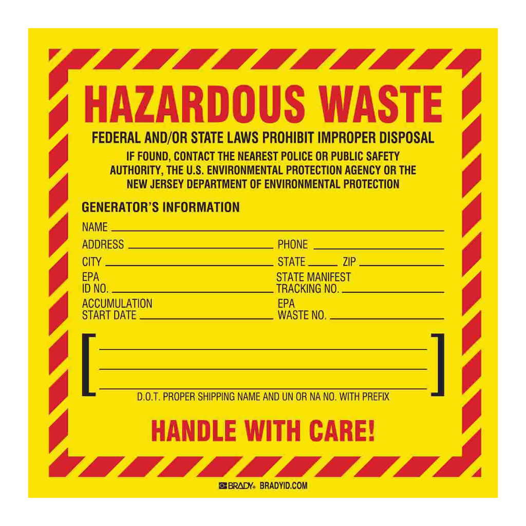 Brady New Jersey Hazardous Waste Federal or State DOT Labels