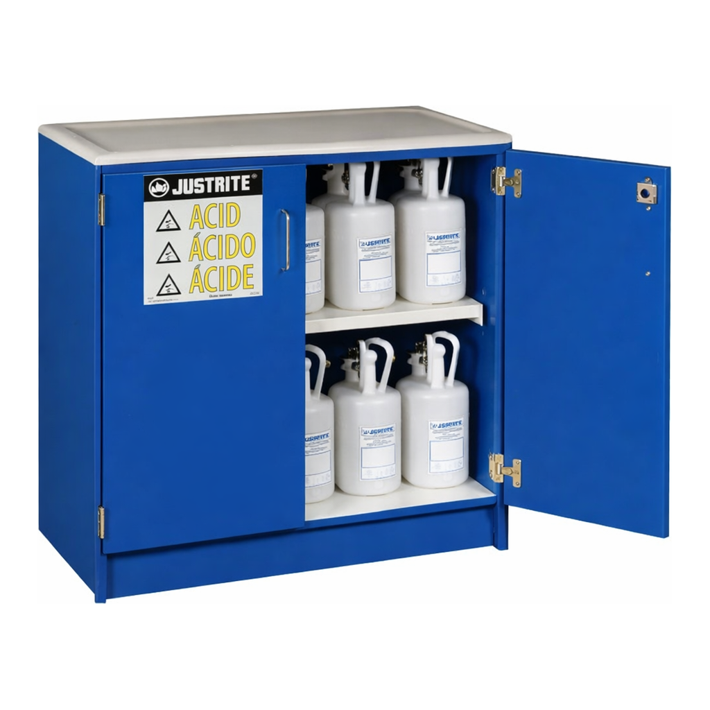 Thermo Fisher Scientific Wood Laminate Corrosives Safety Cabinet, Two shelves; 49 x 2.5L bottles