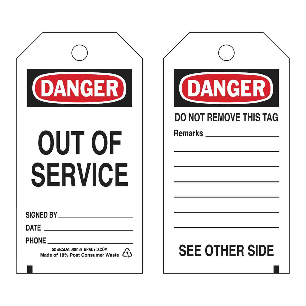 Brady Accident Prevention Tags - OUT OF SERVICE