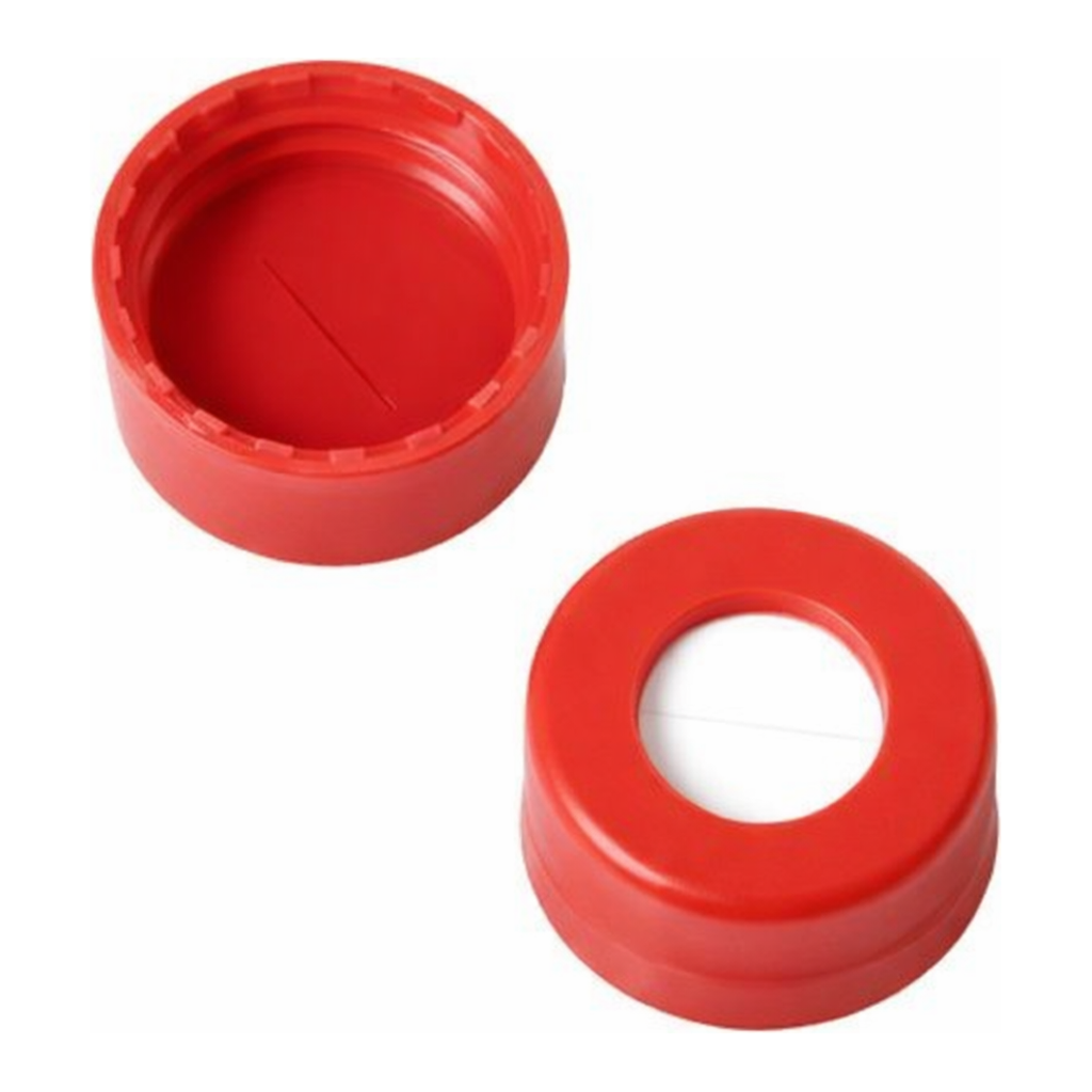 Restek Caps, Short Screw, 9mm, Red PTFE/Silicone w/Slit 100-pk