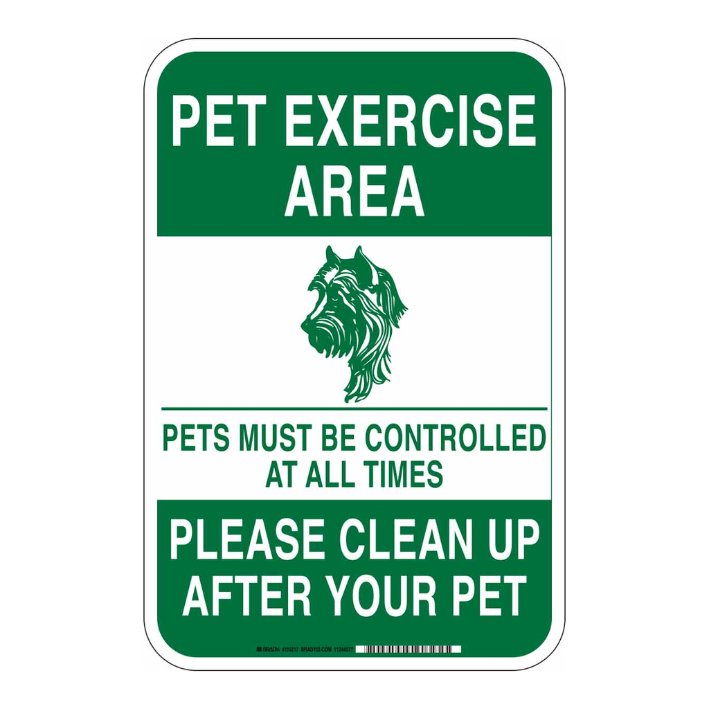 Brady Pet Exercise Area Pets Must Be Controlled At All Times Please Clean Up After Your Pet Sign