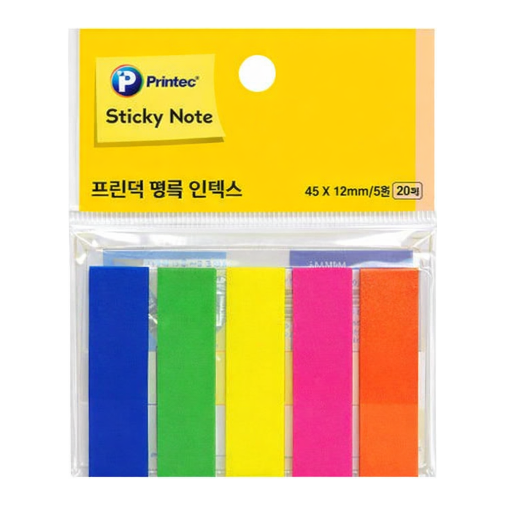OFFICENEX 프린텍 스티키노트 필름인덱스 형광 5색 45*12 20매 FI022