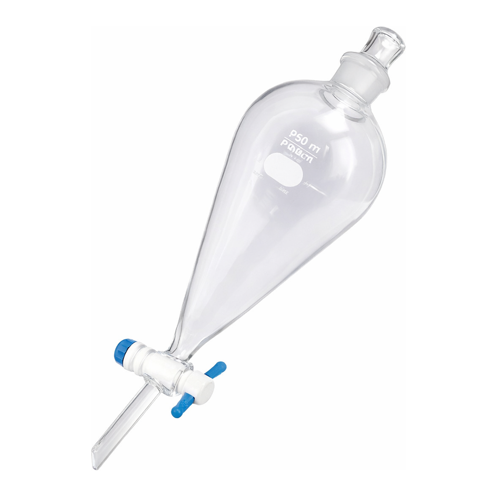 Merck Pyrex(R) Squibb separatory funnel, Pyrex jointed stopper, PTFE stopcock