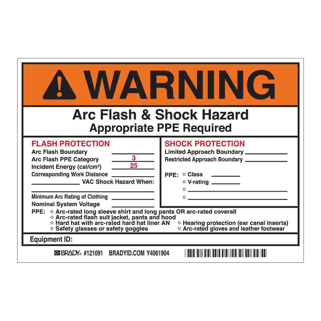 Brady WARNING Flash Protection Arc Flash Boundary Arc Flash PPE Category 3 Labels