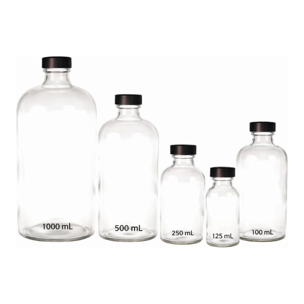 Thermo Fisher Scientific Clear Boston Round Bottles with Black Phenolic PolyCone Cap