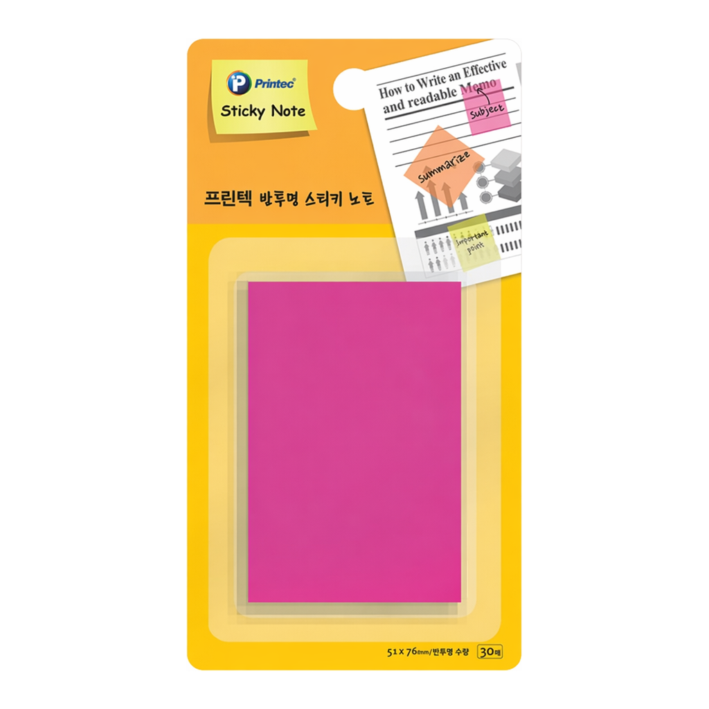 OFFICENEX 프린텍 CL5176P반투명스티키노트 핑크 51 x76 30매(51x76mm,30매)