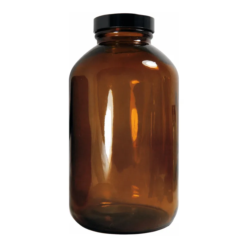 Thermo Fisher Scientific Amber Wide Mouth Packer Bottles with with Black Phenolic Pulp/Vinyl Cap, Attached black phenolic pulp/vinyl lined cap; 28mm-400; 0.5 oz. (15mL); Bulk Pack; 624/Cs.