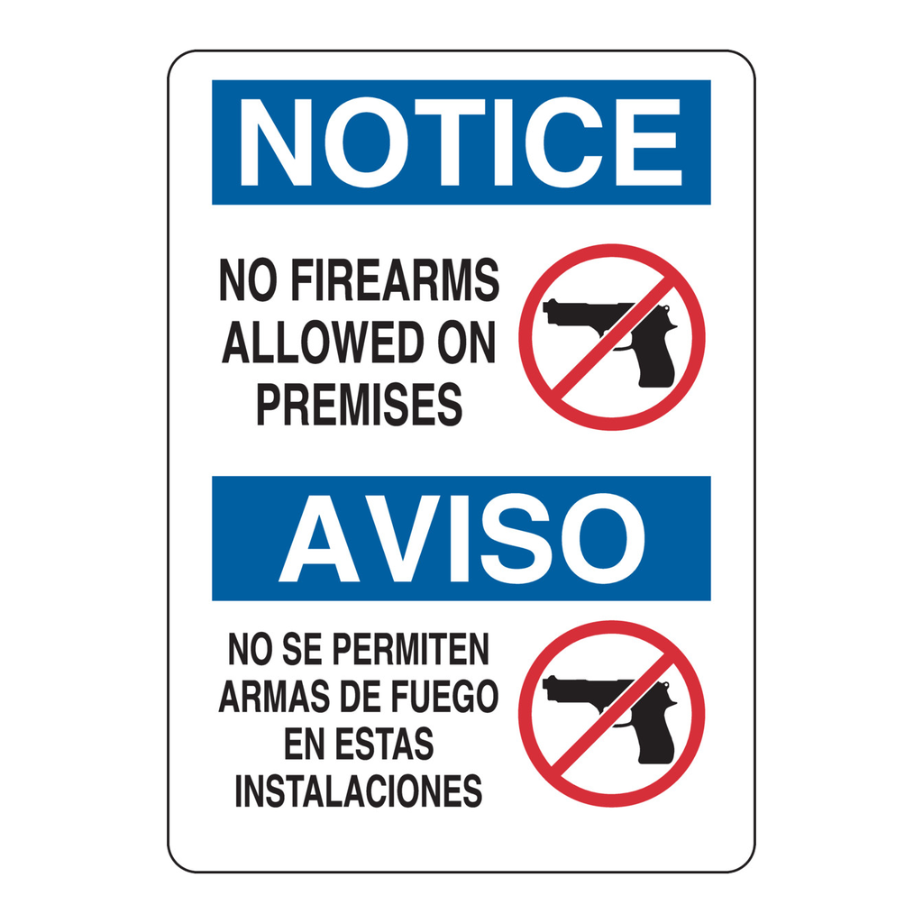 Brady Bilingual NOTICE No Firearms Allowed On Premises Sign