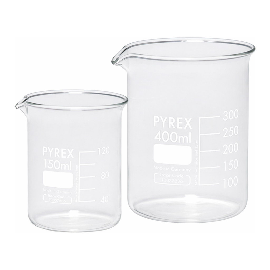 Merck Pyrex Griffin beakers, low form, with printed trace code