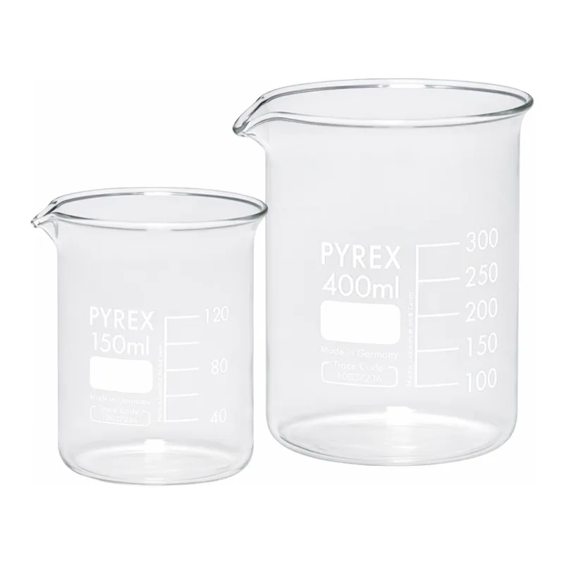 Merck Pyrex Griffin beakers, low form, with printed trace code
