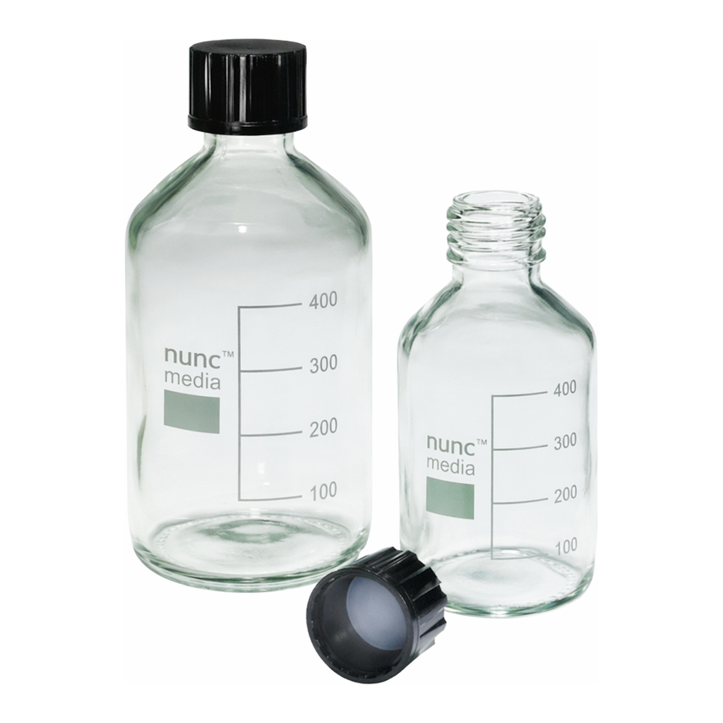 Merck Pyrex Reagent bottles, round bottom with reusable screw caps