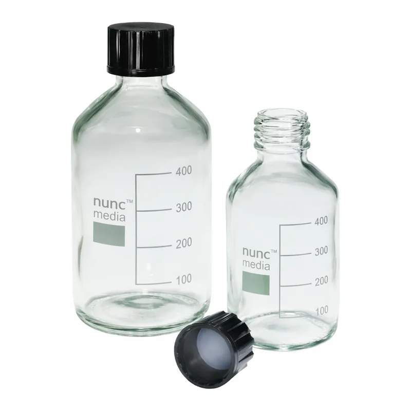 Merck Pyrex Reagent bottles, round bottom with reusable screw caps