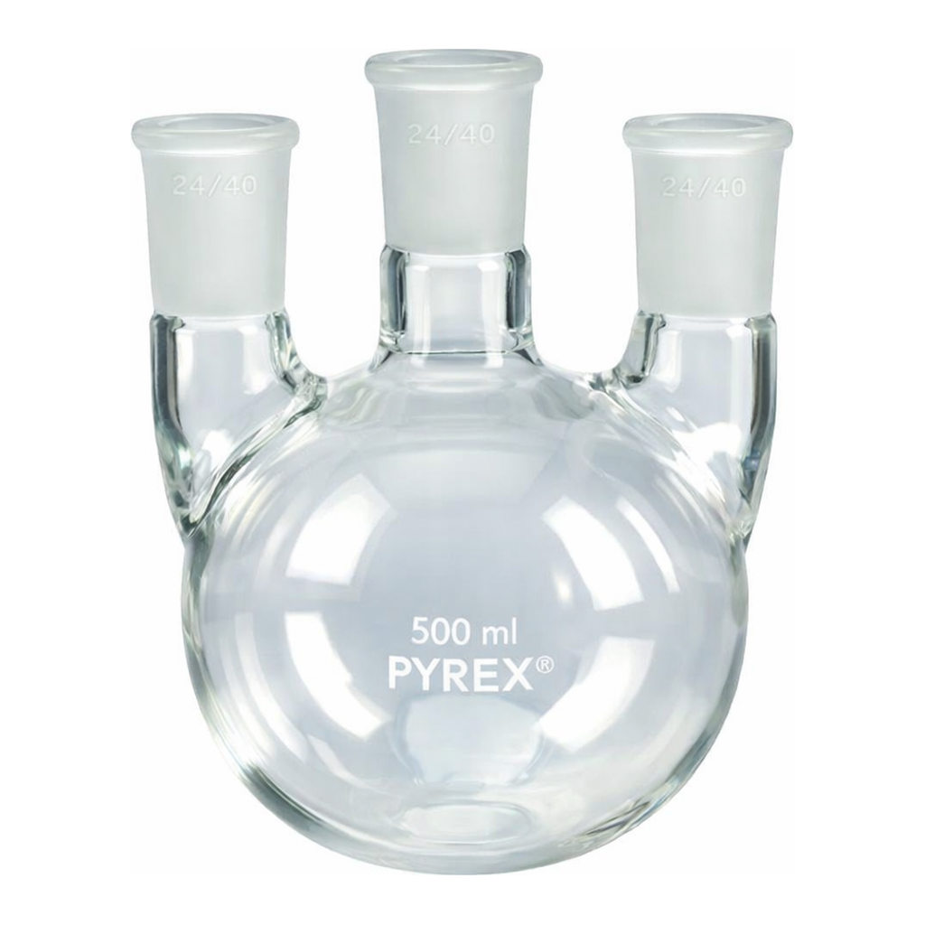 Merck Pyrex round-bottom three neck vertical unequal height flask