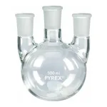 Merck Pyrex round-bottom three neck vertical unequal height flask