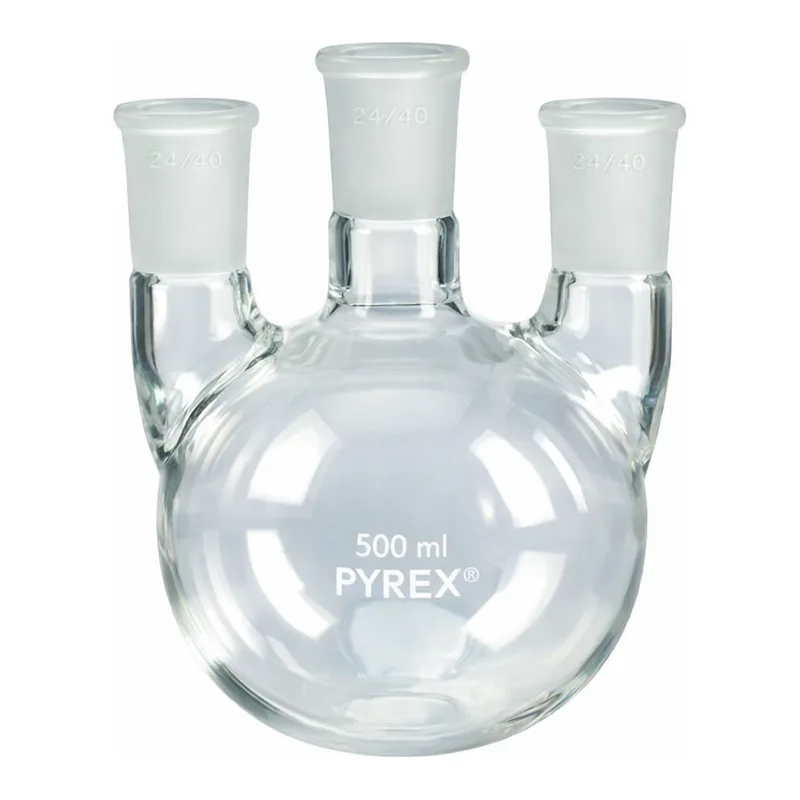 Merck Pyrex round-bottom three neck vertical unequal height flask