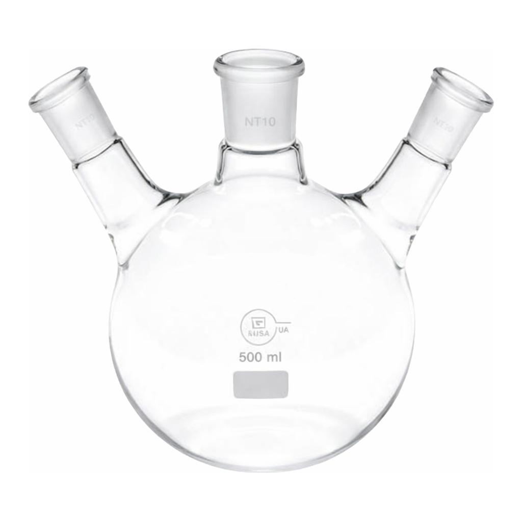 Merck Quickfit three-neck round-bottom flasks with angled necks
