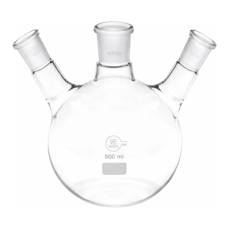 Merck Quickfit three-neck round-bottom flasks with angled necks