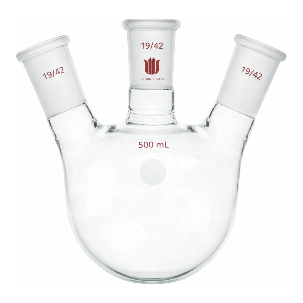 Merck Synthware three neck round bottom flask with angled side necks