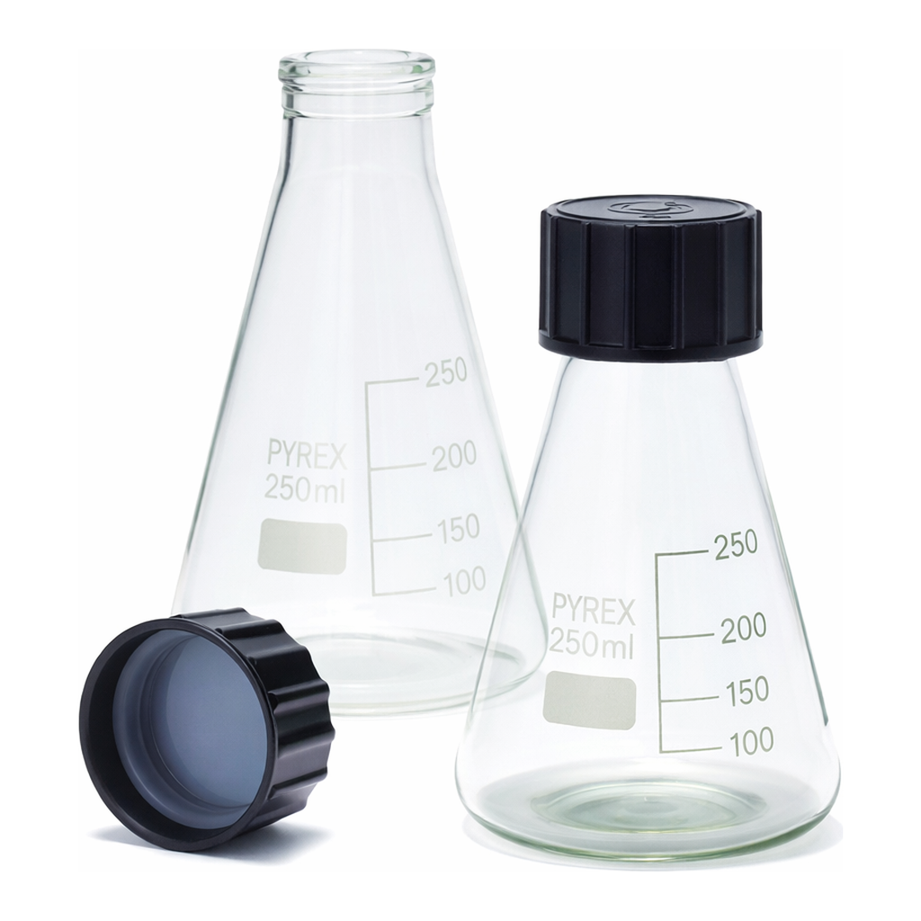Merck Pyrex Erlenmeyer flask, graduated with SVL screwcaps