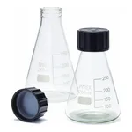 Merck Pyrex Erlenmeyer flask, graduated with SVL screwcaps