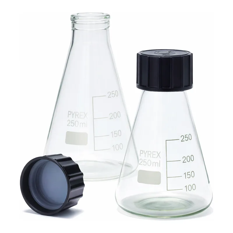 Merck Pyrex Erlenmeyer flask, graduated with SVL screwcaps