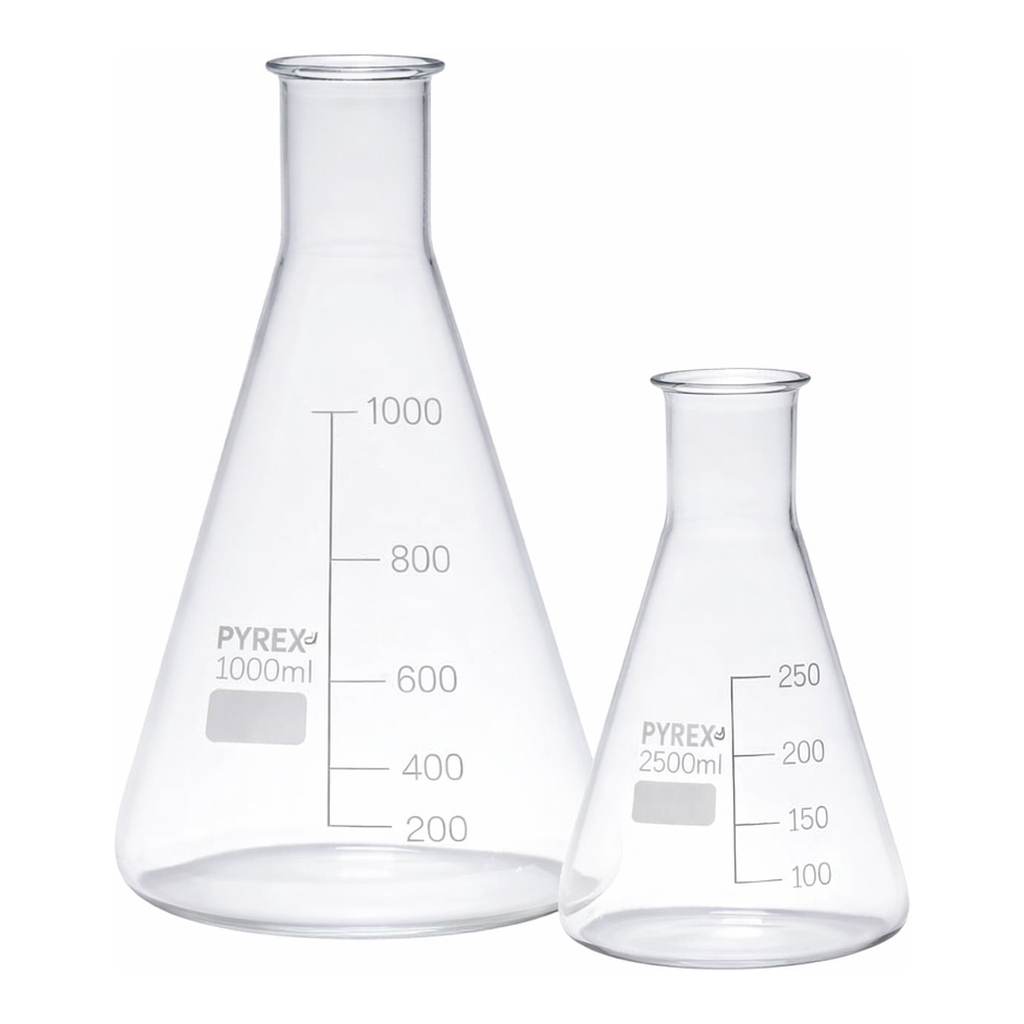 Merck Pyrex Erlenmeyer flask, narrow neck, with printed trace code