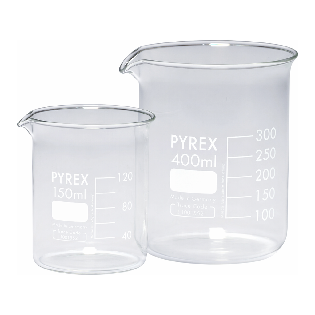 Merck Pyrex Griffin beakers, low form, with printed trace code