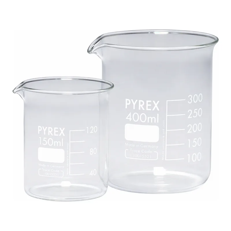 Merck Pyrex Griffin beakers, low form, with printed trace code