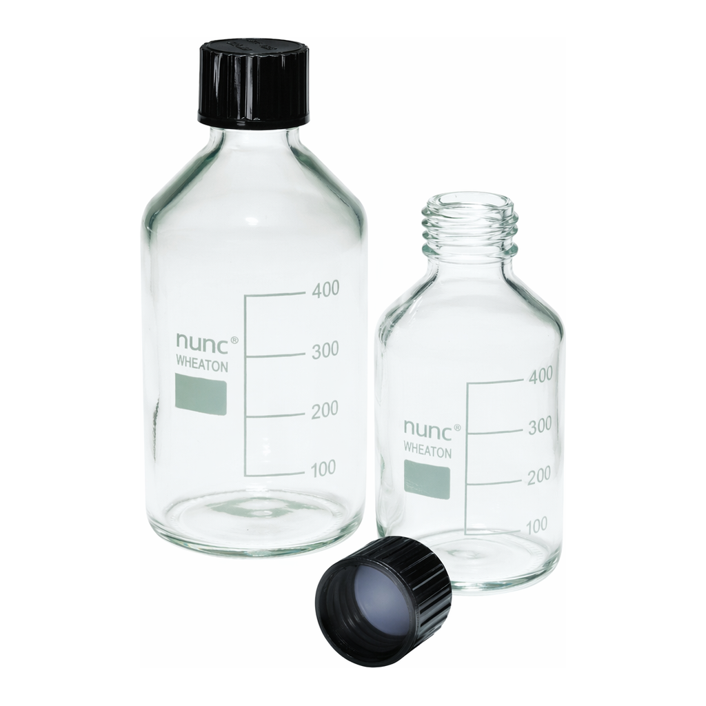 Merck Pyrex Reagent bottles, round bottom with reusable screw caps