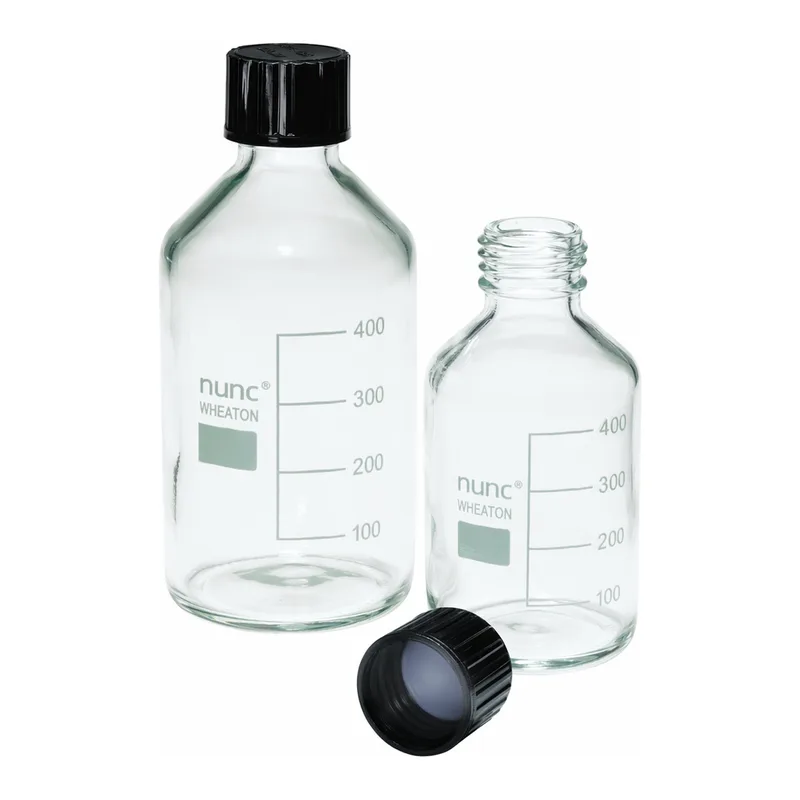 Merck Pyrex Reagent bottles, round bottom with reusable screw caps