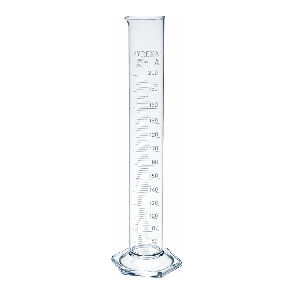 Merck Pyrex Measuring cylinder with spout, class A with white graduations