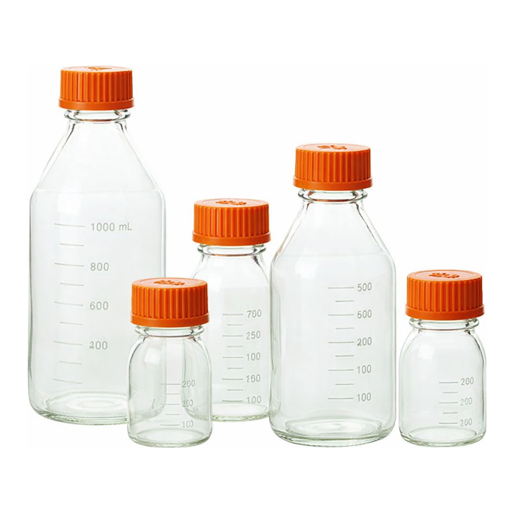 Merck Pyrex round media storage bottles and reusable screw caps
