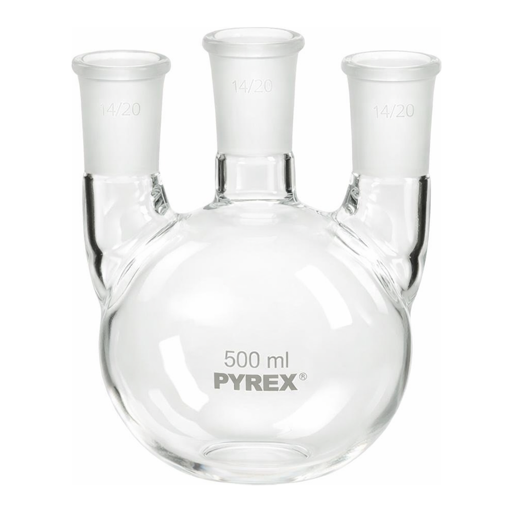 Merck Pyrex round-bottom three neck vertical unequal height flask